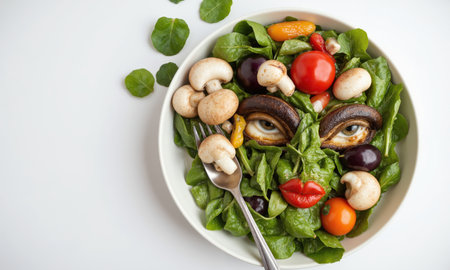 spinach mushrooms tomato eggplant peppers creating an intricate face on an empty dinner plate, with spinach for the eyes, mushrooms for the lips,の素材