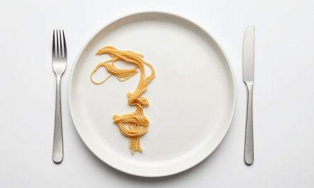 From above, minimalist, empty dinner plate, line ding of a face made using delicate strands of spaghetti, soft shadows accentuatingの素材