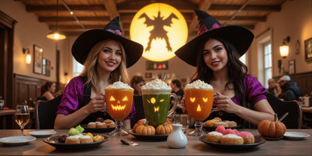 Witches running a magical cafe where each pumpkin latte or pastry served has a unique enchantment. The cafe is cozy and bustlingの素材