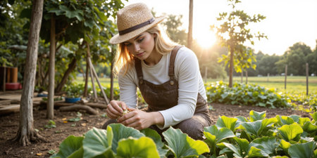 Woman Gardening Farm Sunset: Sustainable Agriculture Outdoorsの素材