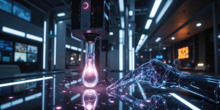 AI-Powered Scientific Discovery A futuristic lab where an artificial intelligence system rapidly maps the human genome, glowing lines of DNA spiraling intoの素材