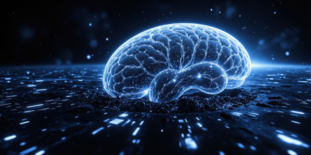 Artificial Intelligence Consciousness A massive, translucent AI brain hovering in deep space, connected to endless glowing data streams. The surreal cosmic atmosphereの素材
