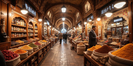 Exotic spice market in a Middle Eastern bazaar setting with vibrant arrays of colorful spices in open sacks, intricate mosaic patternsの素材