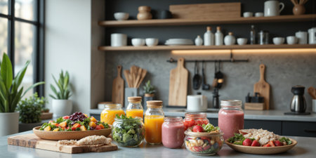 Sleek modern kitchen counter showcasing a variety of healthy meal prep options with colorful salads, lean proteins, and superfood smoothies arrangedの素材