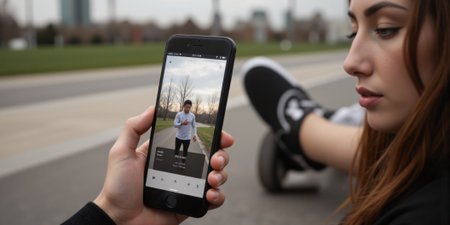 Person using AI-enhanced fitness app, outdoor workout, motivating vibe, promoting health and fitness through technology.の素材