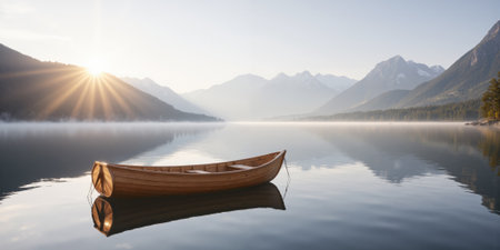 Calm lake with wooden boat and mountain reflection for travel and outdoor adventure themes. A small wooden rowboat floats motionlessly on a glassyの素材