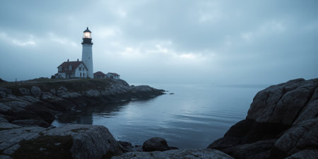 A lighthouse on a rocky shore, surrounded by dense fog, with a pale blue and gray sky, emanating a mysterious and peaceful vibe.の素材