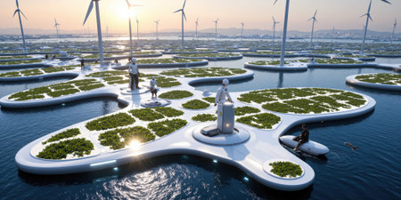 Futuristic ocean farm A sprawling ocean farm floating on calm blue waters, with rows of sleek, glowing structures cultivating seaweed and aquatic crops.の素材