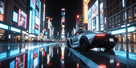 A futuristic flying car ascending into a brightly lit cityscape, with glowing neon signs and holographic projections creating a vision of advanced urbanの素材