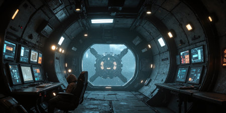 Abandoned spacecraft interior The eerie interior of an abandoned spacecraft, with dim, flickering lights casting shadows on the metallic walls. Dust particles floatの素材