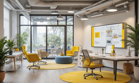 Digital design studio with AI-powered software, interactive whiteboards, and minimalist office furniture. The studio features sleek desks, ergonomic chairs,の素材