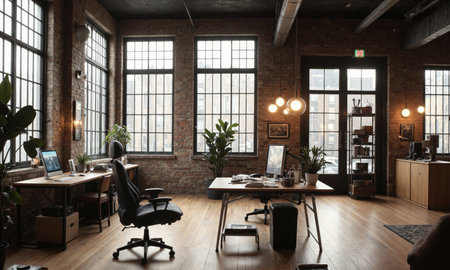 Industrial loft office with a metal desk, ergonomic chair, and exposed brick walls. Task lighting provides optimal focus for work, while bold pendantの素材