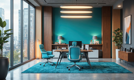 Sleek and professional workspace with AI-controlled ambient lighting, ergonomic office furniture, and minimalist design. The workspace features a modern desk, comfortable chair,の素材