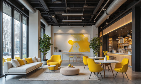 Corporate lounge with AI-assisted workflow tools, comfortable ergonomic seating, and modern minimalist design. The space includes plush chairs, task lightingの素材