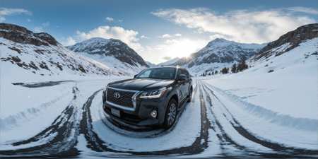 A luxury SUV navigating a snow-covered mountain road, with snowflakes gently falling, tire tracks carving through the fresh snow, and the majestic peaksの素材