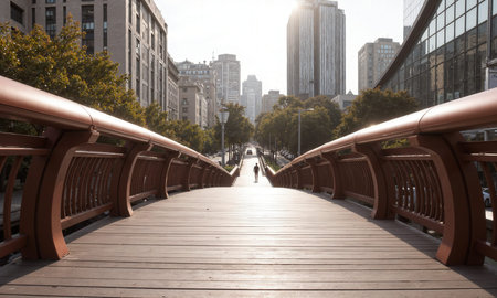 A mocha mousse-colored pedestrian bridge with smooth, glossy railings and modern design. The deep, inviting color creates a warm visualの素材