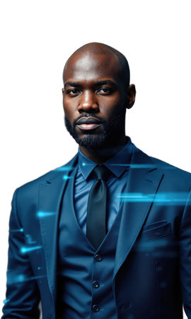 A Black male CEO in a deep blue suit, his presence commanding as data projections of stock charts and technologicalの素材