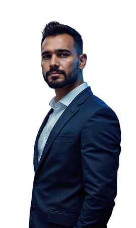 A Latinx male business leader in a dark navy suit, standing with digital maps of global investments and data trendsの素材