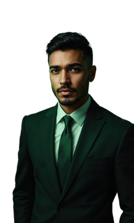 A Latinx male business mogul in a dark green suit, surrounded by glowing symbols of international market trends, digital transformationsの素材