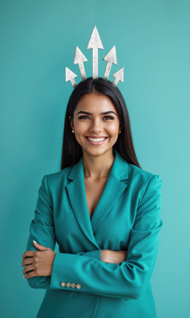A Latina founder in vibrant teal, arms folded under a crown made of upward-trending arrows, symbolizing regal ambition, data-driven ruleの素材