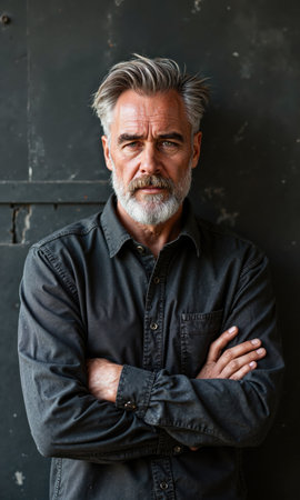 A rugged White male entrepreneur with a weathered look, arms folded against a textured metal backdrop, suggesting resilience, blue-collar rootsの素材