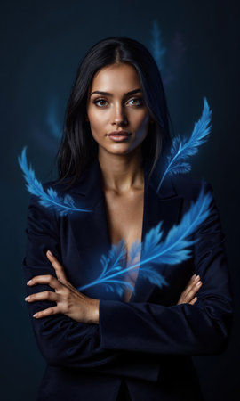 A female leader in velvet midnight, arms folded with floating feathers morphing into financial graphs, symbolizing light-touch dominance, intuitive profitの素材