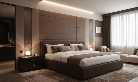 Mocha Musse accent wall in a minimalist bedroom, featuring integrated soundproofing technology that muffles external noise. The wall is alsoの素材