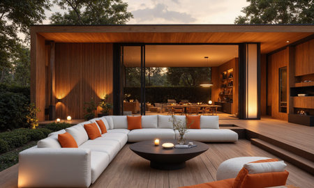 Futuristic outdoor lounge in burnt orange, featuring smart weather control systems that adjust temperature and humidity based on conditions,の素材