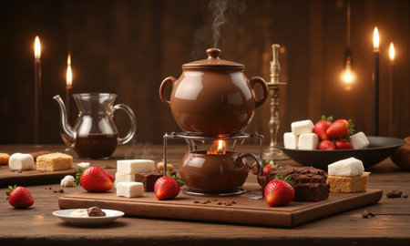 A luxurious chocolate fondue set in a mocha mousse-inspired theme, featuring a warm chocolate pot surrounded by marshmallows, strawberries,の素材