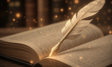 An antique quill pen floats above an open notebook, its feather tip dripping glowing golden ink that forms intricate patternsの素材