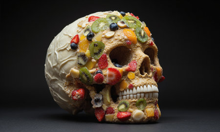 A detailed representation of a human skull, but with the face made from a mosaic of small squares of differentの素材