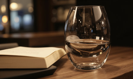 Water Glass Book Table: Still life photography, interior setting, relaxing ambiance.の素材
