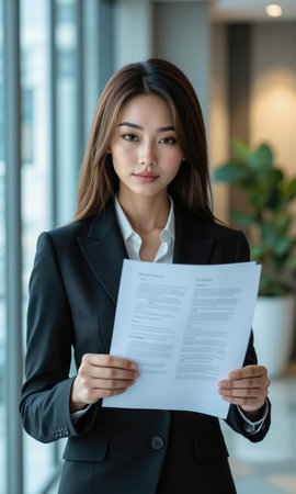 Asian Female Legal Counsel Asian woman, 45s, formal suit, reviewing digital contracts, professional lighting.の素材