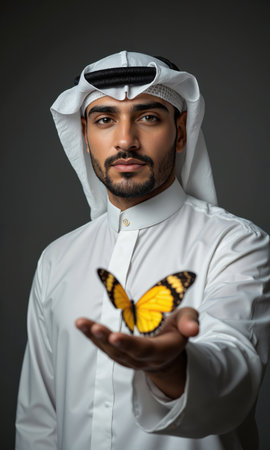 Middle Eastern Male Gentle Strength Middle Eastern man, 45s, powerful-kindness attire, sheltering palm with butterfly, protective-gentle expression, transparent.の素材