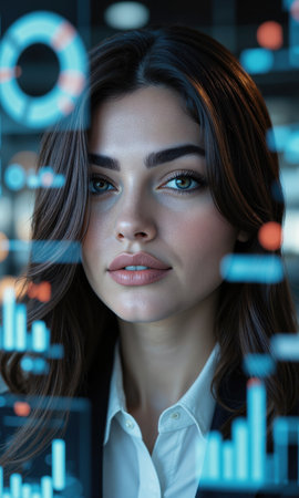 White Female Data Analyst White woman, 30s, business casual, examining data visualization, data-inspired colors.の素材