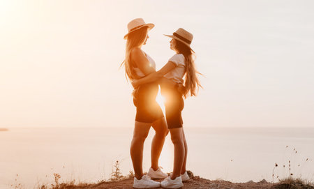 Two Women Embracing at Sunsetの写真素材