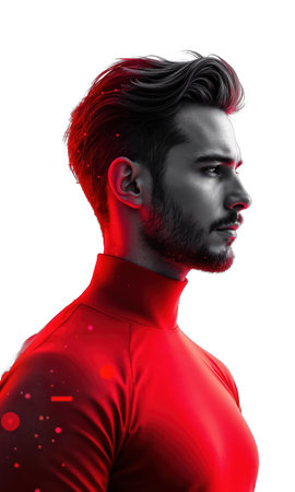 A dynamic male strategist in electric red, with a focused expression and surrounded by digital icons of market expansion, symbolizingの素材