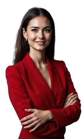 A white female CEO in deep red, arms crossed with a poised expression, surrounded by digital projections of industry growthの素材