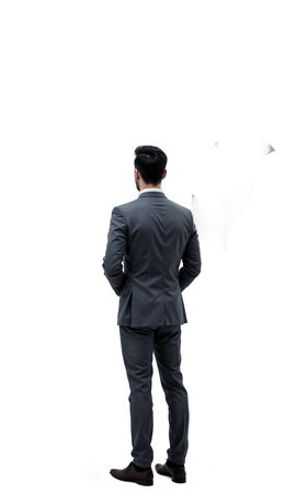 A male CEO in frost gray, standing within a ring of luminous arrows pointing outward, each representing a venture, decisionの素材