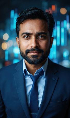 A South Asian male leader in a sharp blue shirt, with digital financial graphs rising behind him, symbolizing his roleの素材