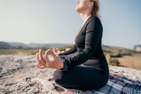 Woman Meditating on a Mountaintopの写真素材