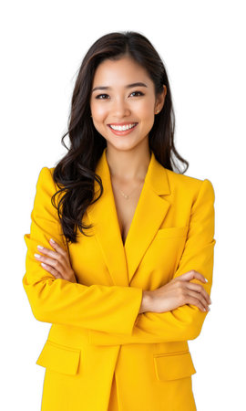 A confident female CEO in vibrant yellow, radiating warmth and optimism, framed by projections of financial success and global partnershipsの素材