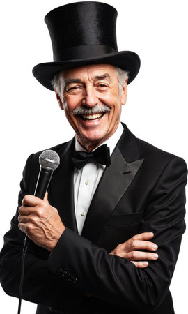 Man Top Hat. An older Caucasian man with a mustache, wearing a black tuxedo, bow tie, and a tall blackの素材