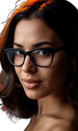A Latina woman with a chic bob and bold glasses, her face illuminated by warm, glowing lines, symbolizing creativity, focusの素材