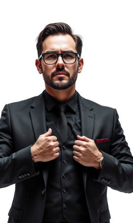 A male strategist in coal-black with red accents, surrounded by floating masks labeled roles, as he removes one, showing authenticの素材