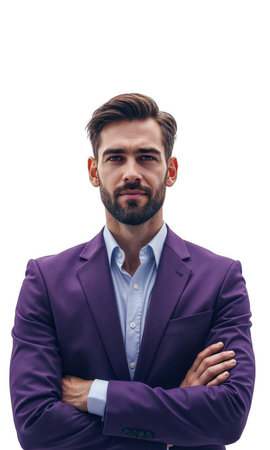 A dynamic male business leader in a purple suit, bathed in soft light, with floating symbols of corporate growthの素材