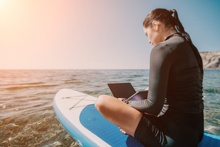 Woman Laptop Paddleboard Sea Working Remotely