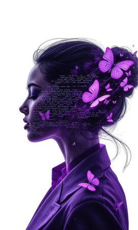 A female founder in smoky violet, surrounded by butterflies made of code, symbolizing the transformation of abstract digital ideas intoの素材