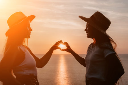 Silhouettes of Two Women Making a Heart Shape with their Hands at Sunsetの写真素材