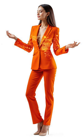 A confident female business leader in fiery orange, standing with glowing holographic charts of success and collaboration, symbolizing her emotionalの素材